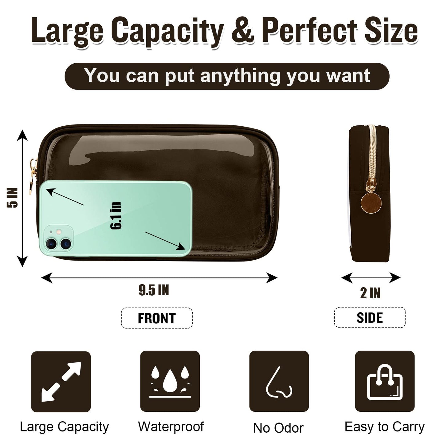Small Clear Travel Makeup Organizer Bag for Purse, Cute Black Makeup Bag Preppy Cosmetic Zipper Pouch Purse, Transparent PVC & Nylon Toiletry Bag Clutch Makeup Brush Bag Storage for Women Girls(Brown)