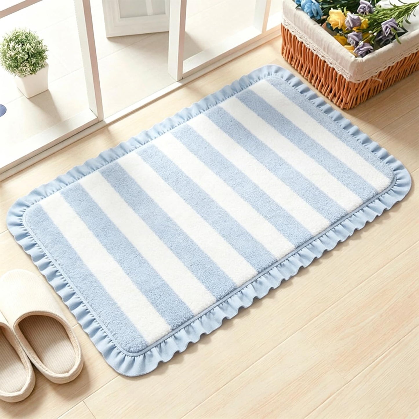 JarThenaAMCS Coastal Scalloped Striped Bath Mat with Ruffled Edges 20 x 32'' Blue White Bathroom Rug Cute Microfiber Aesthetic Bath Mat Non Slip Washable Absorbent Ocean Room Decor for Summer Gift