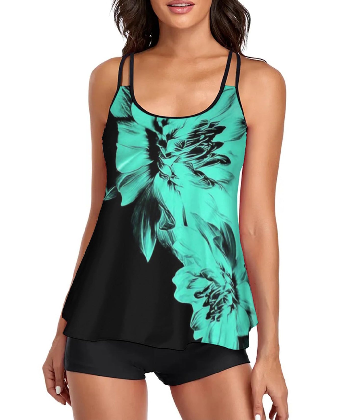 Stylish Swim Suits for Women Slimming Tankini Set Adjustable Straps 2 Piece Swimwear Tropical Hawaii Beach Pool Party Photoshoot Flattering Hides Belly Perfect for Vacation Black Blue Flower XL
