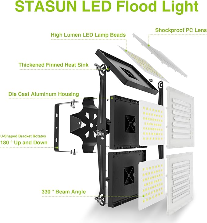 LED Flood Light Outdoor, STASUN 600W 60000lm 6000K Daylight White IP66 Waterproof, Commercial Parking Lot Light,3 Heads for Yard Street Stadium House Floodlight Bright Security Lights for Outdoor Area