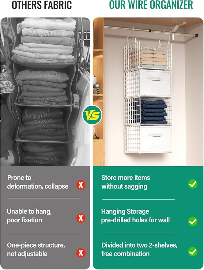 Hanging Closet Organizer with Drawers, 4 Tier Metal Closet Organizers and