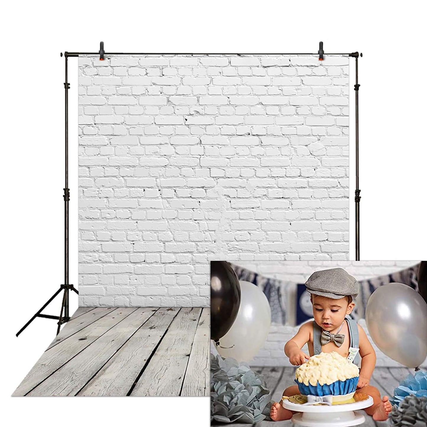 Allenjoy Fabric 5x7FT White Brick Wall with Wooden Floor Photography Backdrop Photo Background Prop for Newborn Baby Photoshoot Photographer