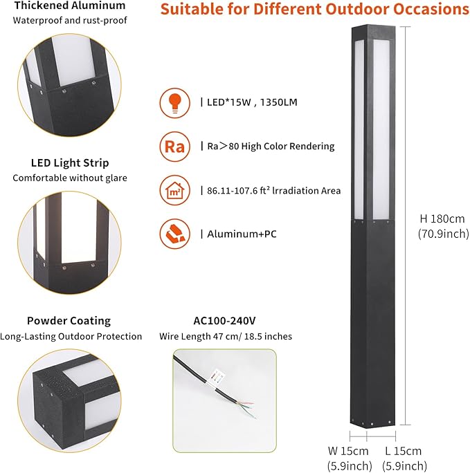 71" Outdoor Pathway Lights, Tall Landscape Path Light Waterproof, Modern Driveway Bollard Lights, Aluminum Walkway Lamp 15W LED Lighting Sideway Light for Lawn Garden Patio Yard Illumination