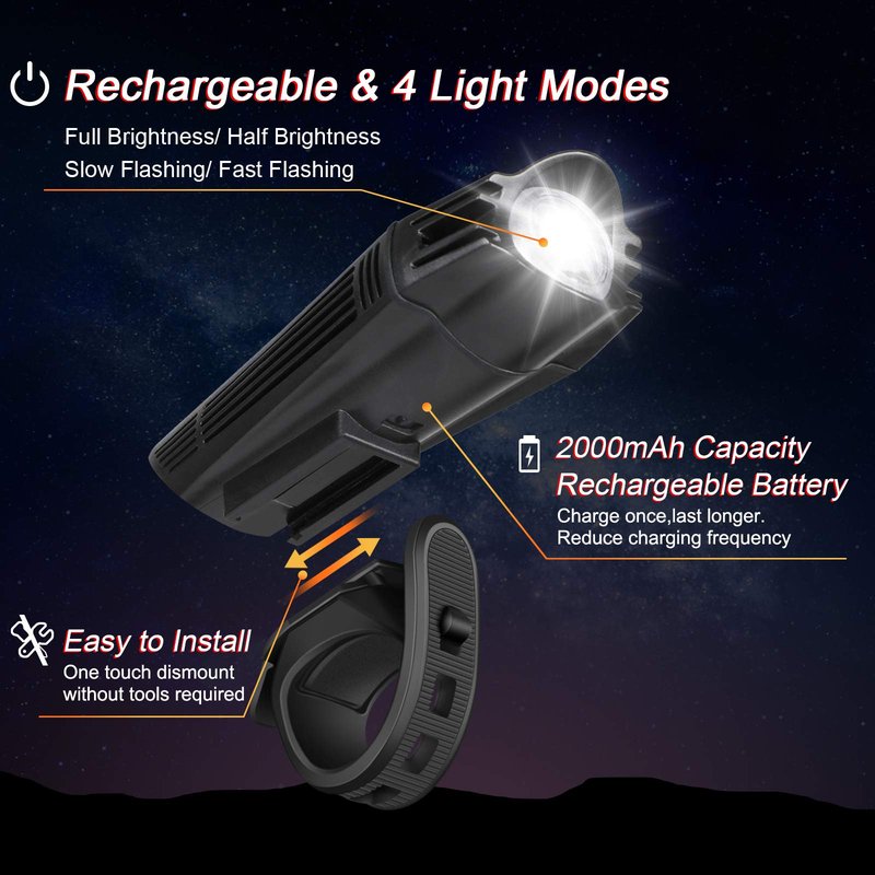 Ascher Ultra Bright USB Rechargeable Bike Light Set, Powerful Bicycle Front Headlight and Back Taillight, 4 Light Modes, Easy to Install for Men Women Road Mountain Cycling Black