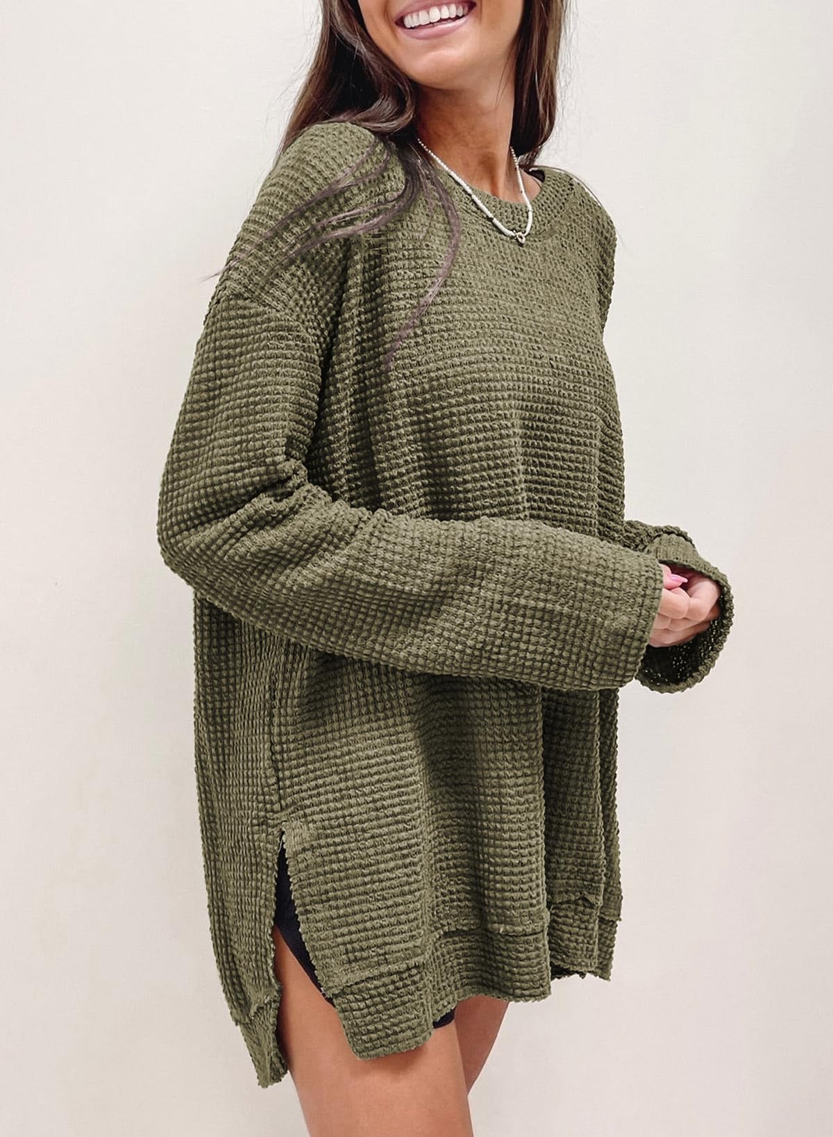 SHEWIN Fall Tops for Women 2026 Crewneck Oversized Sweatshirt Lightweight Waffle Knit Tunic Tops Casual Long Sleeve Shirts for Women,(US 8-10) M,Green