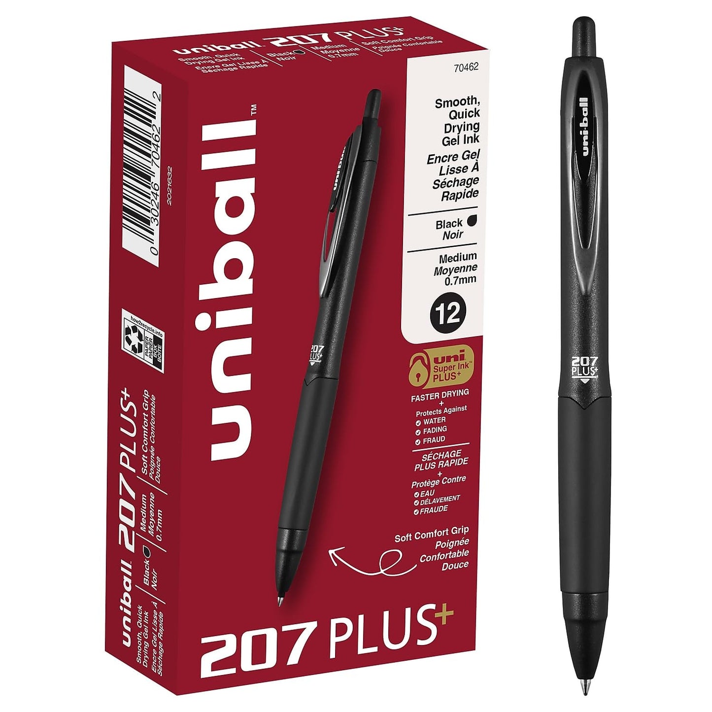 uniball™ 207 Plus+ Retractable Gel Pens, Medium Point (0.7mm), Black Ink, 12 Pack