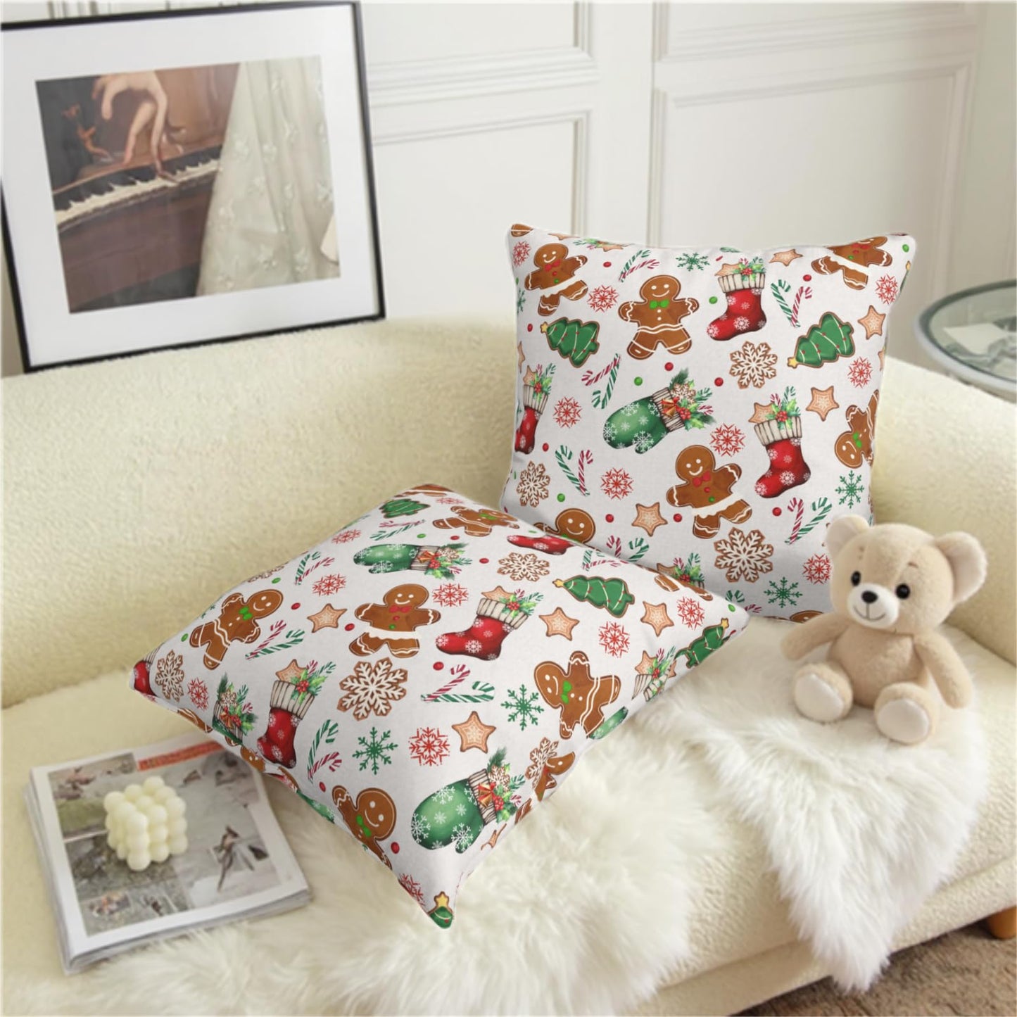 Kwlegh Christmas Pillow Covers 18x18 Set of 2 Gingerbread Man Throw Pillow Covers Xmas Tree Socks Gloves Snowflakes Pillow Case for Holiday Decor Couch Sofa