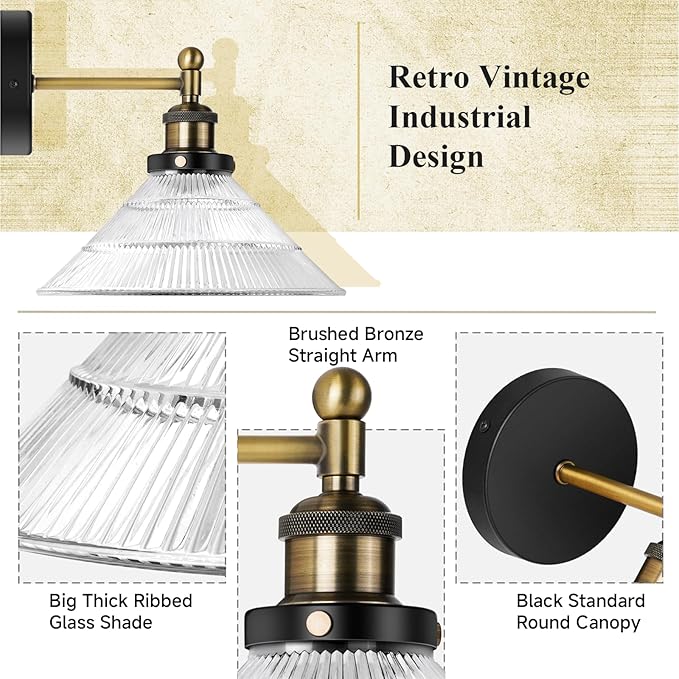 Vintage Wall Sconces Set of 2 Indoor 110V Hardwired Ribbed Glass Wall Mounted Lamp Light Fixtures for Bathroom Vanity Kitchen Hallway Stairway, Anti-Rust Brushed Bronze Finish, E26 Base, WS-23061-A2
