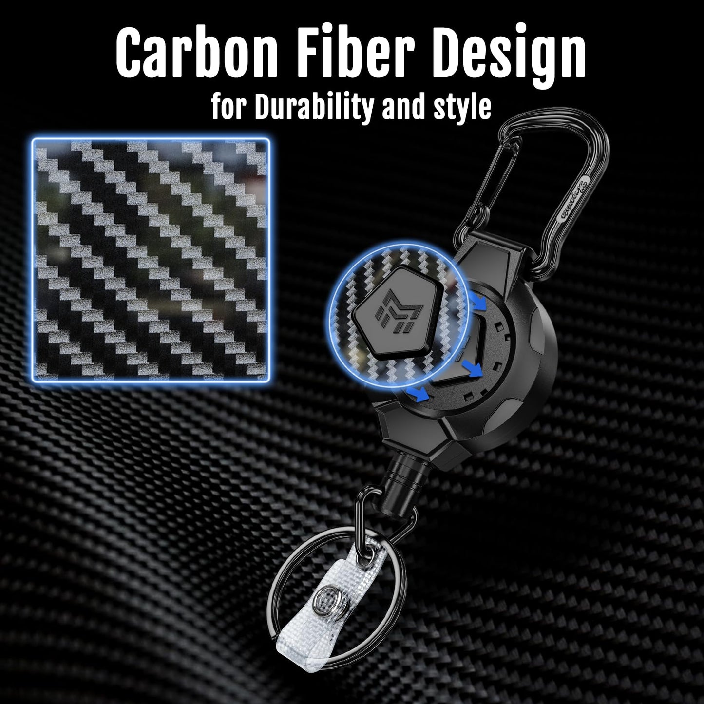 MNGARISTA Heavy Duty Retractable Keychain Lanyard,10 OZ Retraction 31.5" Stainless Steel Cable, 2 Pack Carbon Fiber Badge Reel ID Holder with Tactical Carabiner Clip for Work Officer Security Staff