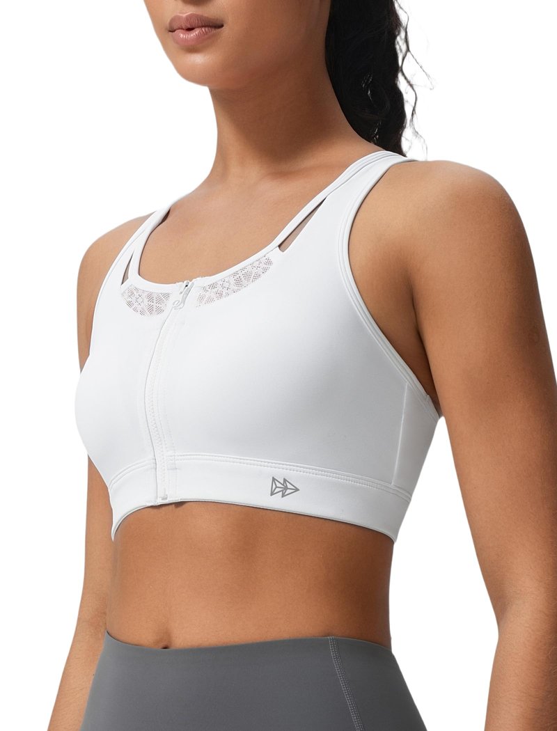 Yvette Zip Front High Impact Sports Bras for Women Lace Mesh Supportive Bras for Workout, White, M
