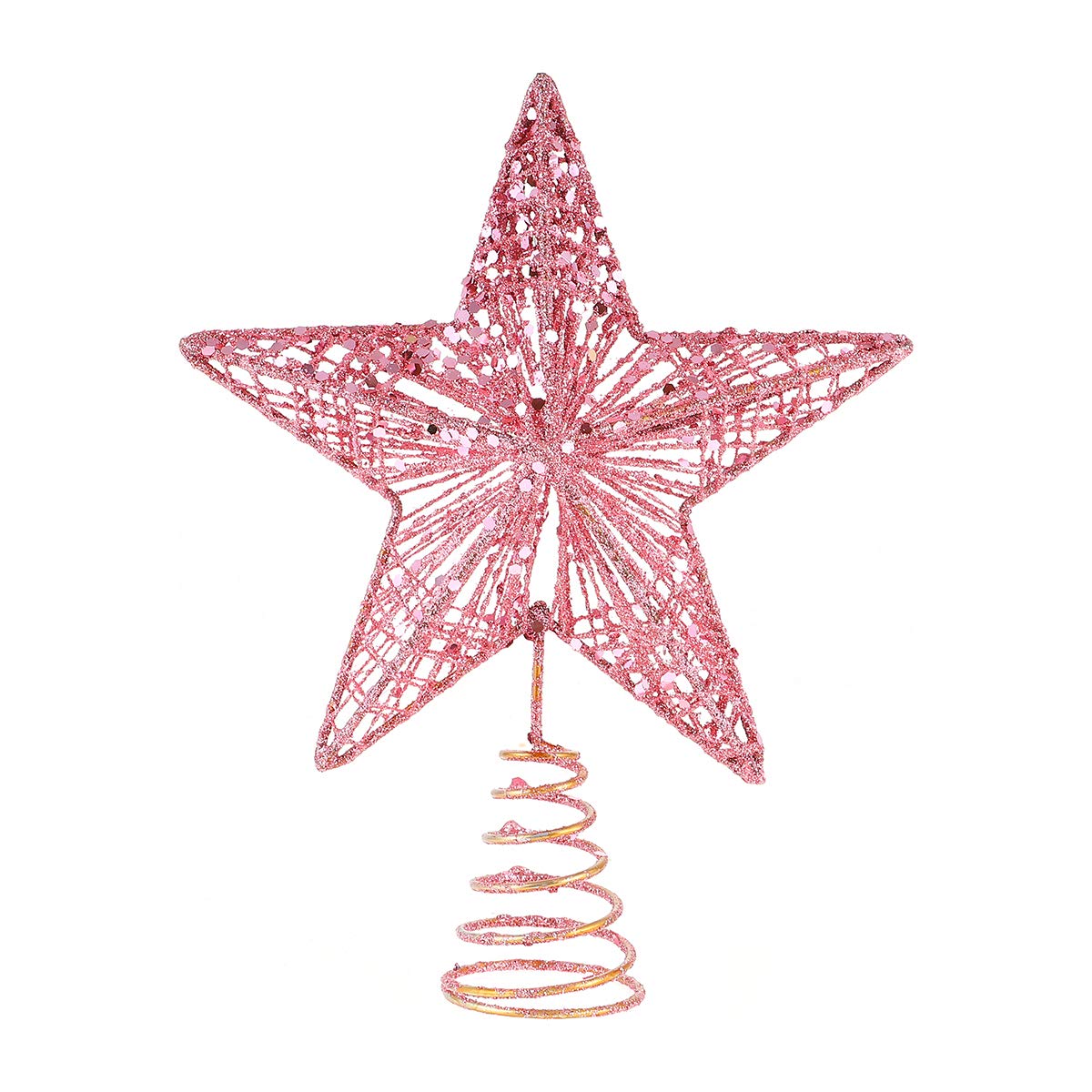 Amosfun Christmas Tree Topper 10 Inch Pink Glitter Star with Metal Hollow Design Wire Star Treetop for Holiday Christmas Home Decoration