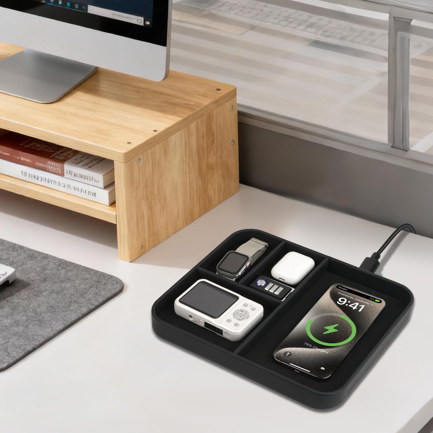 VOVIPO Birthday Gifts Bedside Organiser-Faux Leather Valet Tray With Wireless Charger For Phone And Earbuds,Nightstand Organizer,Mens Jewelry Box,Office Desk Organizers
