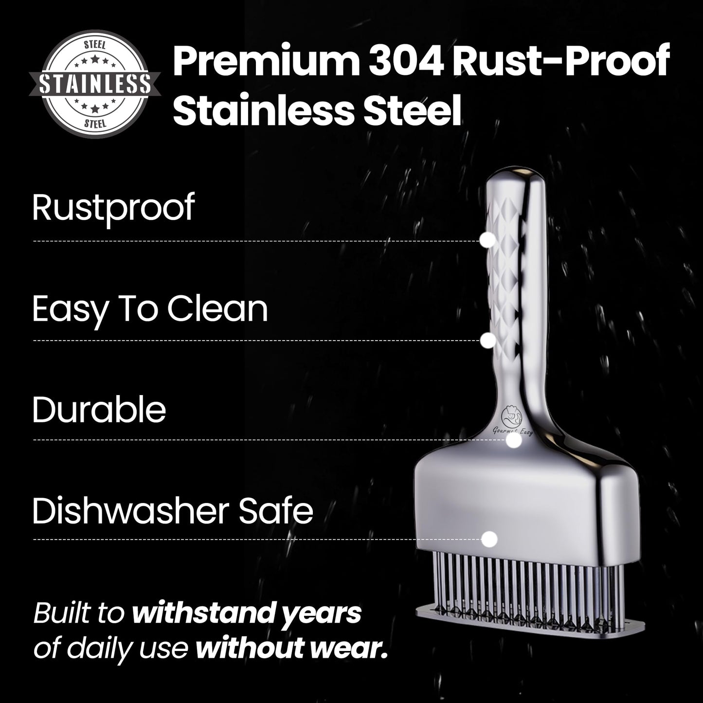 Meat Tenderizer Tool – Hassle Free Extra Long Handle, Rustproof One-Piece Meat Tenderizer Mallet & Hammer, Stainless Steel Blade Needle, Steak Cooking Accessories, No Assembly Needed, 5-Year Warranty