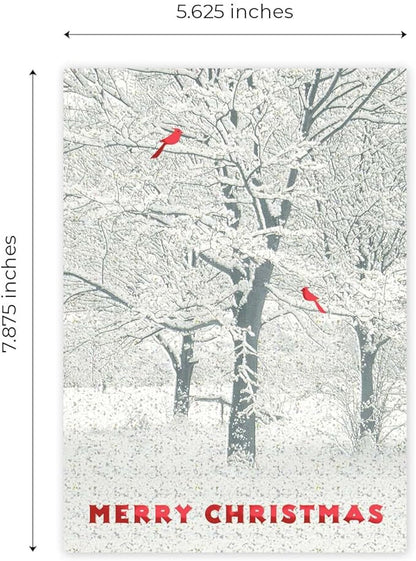 Masterpiece Snowy Trees And Cardinals Christmas Cards / 15 Winter Holiday Cards Set With Glitter And Red Foil With White Envelopes / 5 5/8" x 7 7/8" Sparkling Snow Greeting Cards With Inside Verse