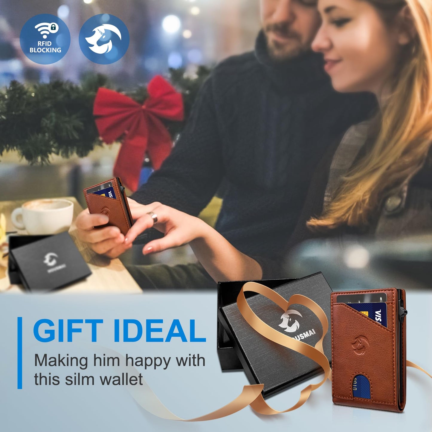 Housmai Wallet for Men, Slim Pop Up Card Holder with RFID Blocking, Minimalist Bifold Wallet with 9 Card Slots, ID Window and Cash Pocket, Metal Flip Case with Magnetic Closure, Gift Box