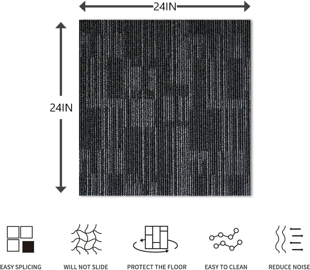 LITA Carpet Tiles Reusable 24" x 24" Squares Indoor/Outdoor 0.25" Pile Height Loop Pile, Non Slip Easy DIY Installation Peel and Stick Carpet Tile, Gray Polypropylene, (18 Tiles) (72 sqft/Box)