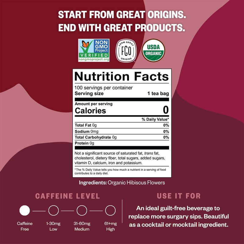 FGO Organic Hibiscus Tea, 100 Count, Eco-Conscious Tea Bags, Caffeine Free, Packaging May Vary (Pack of 1)