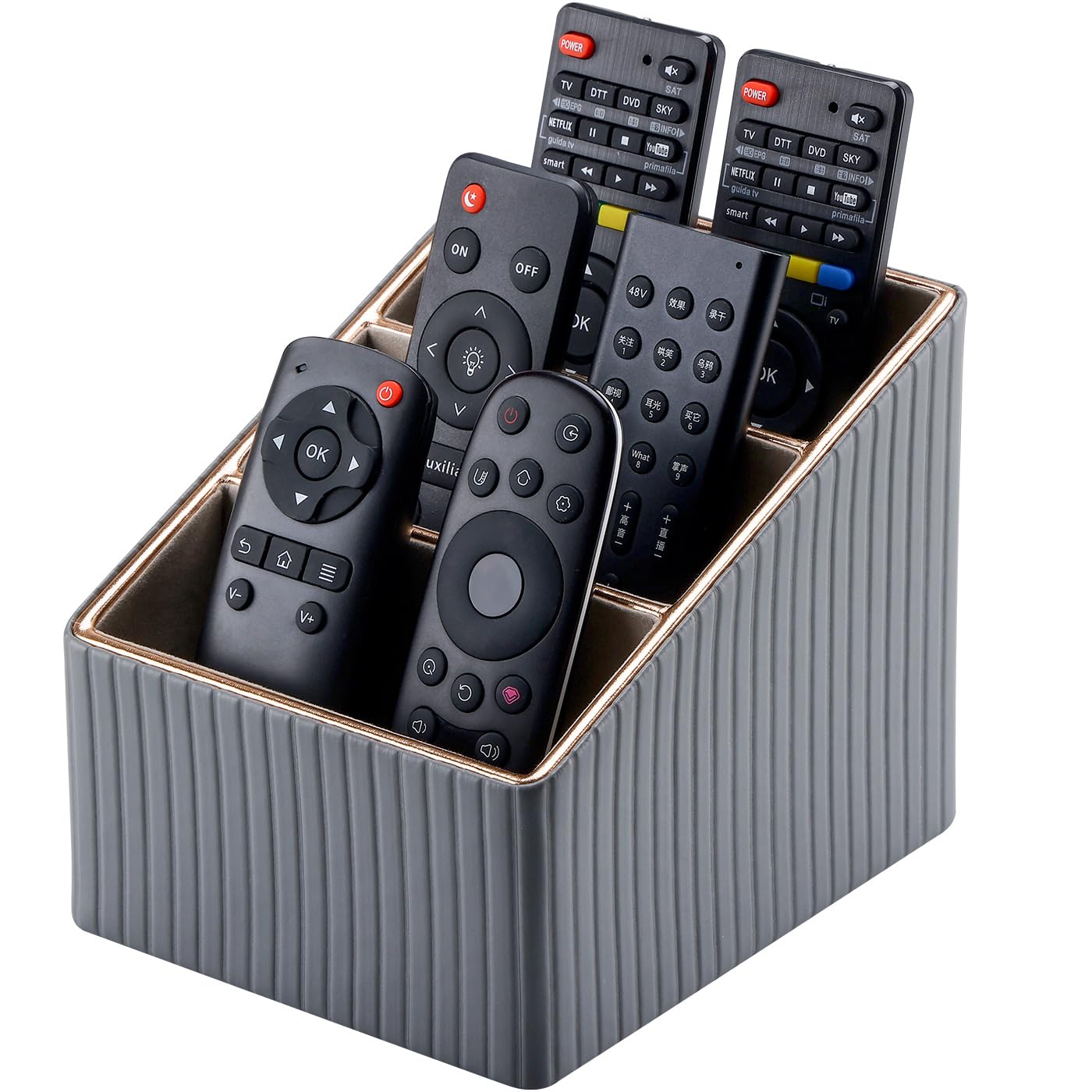 KINGFOM 3 Slot PU Leather Remote Controller Holder, Home Sundries Storage Box, TV Guide/Mail/CD Organizer/Caddy/Holder with Free Cable Desk Organizer (Grey)