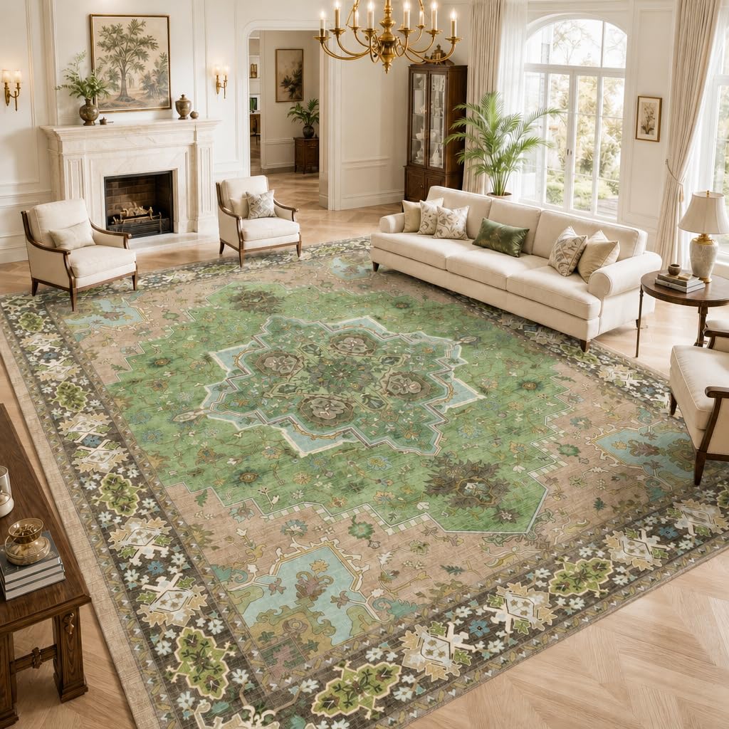 AMADA HOMEFURNISHING 9x12 Area Rug for Living Room, Vintage Washable Area Rug Low-Pile & Non-Slip Carpet for Bedroom Dining Room Nursery Home Office, Green