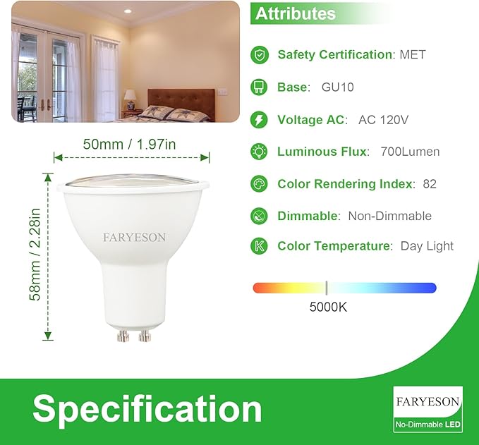 GU10 LED Light Bulbs - 5W, Daylight White (5000K), Non-Dimmable, 700 Lumens, Wide 110° Flood Beam, Great for Recessed and Track Lighting in Kitchens, Living Rooms, and Bedrooms, 12-Pack