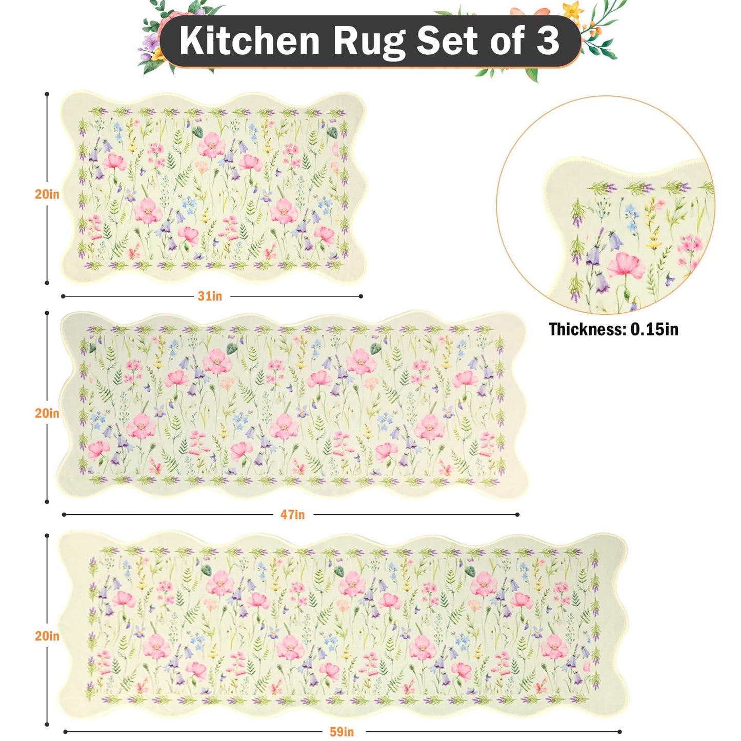 PCSWEET HOME Spring Summer Kitchen Rug Sets 3 Piece Scalloped Green Kitchen Rug Set Non-Slip Washable Comfort Standing Mat for Laundry Room, Bar, Office 20 "x32+20 "x47+20 "x59