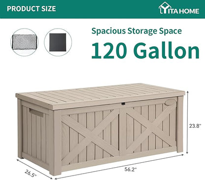 YITAHOME 120 Gallon Large Outdoor Storage Box with X-Shaped Front, Waterproof Resin Deck Box Cushion Storage Bench for Patio, Pool Supplies, Garden Tools- Lockable, Taupe