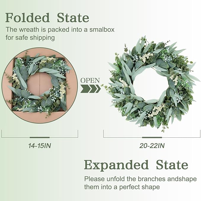 Eucalyptus Wreaths 22" Large Artificial Greenery Outdoor/Indoor Wreath Spring/Summer Wreath Green Wreaths for Front Door Porch Window Wall Hanging Decor All Year Round Wre-ath（Green）
