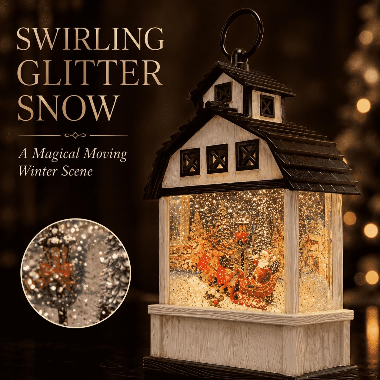 12.6" Christmas Snow Globe Lantern, White Barn Water Glittering Lantern with Santa Sleigh & Reindeer, Lighted Christmas Lantern with 6H Timer, Battery Operated Farmhouse Holiday Tabletop Decor Gift