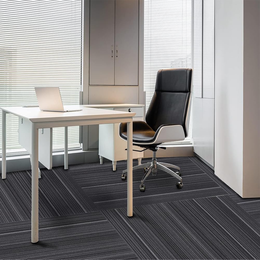 Boshuele 24 inch x 24 inch Carpet Tiles upholstered Non-Slip Carpet Squares Reusable Easy to Install Indoor and Outdoor Office Home Decor Flooring (Black, 18 PCS)