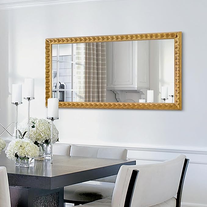 Gold Mirror for Wall Decor, 46'' X 22'' Rectangular Decorative Mirror with Textured Wavy Wood Frame, Modern Bathroom Mirror for Wall, Hang Horizontally or Vertically