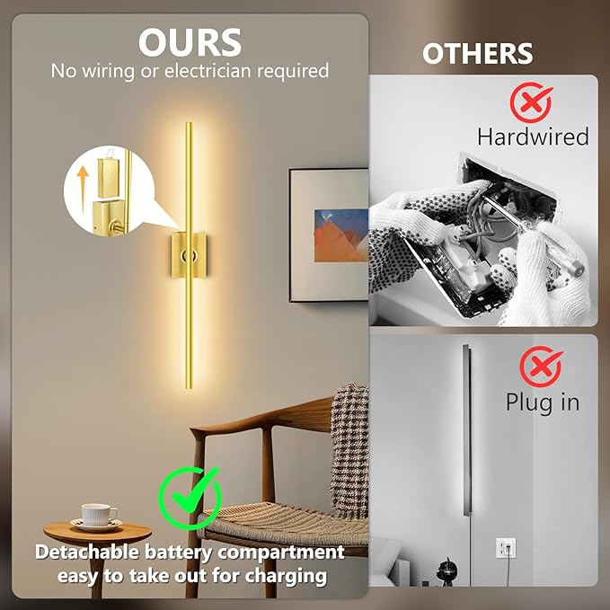 Eneru Battery Operated Wall Sconce Lights - 10000mAh Rechargeable Wireless Wall Sconces Set of Two with Touch and Remote, 360° Rotate, 4 Colors LED Wall Lamp for Living Room Bedroom Hallway (Gold)