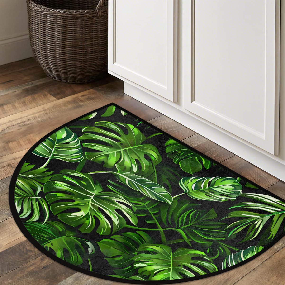 YPPAHHHH Half Round Door Mat Palm Tree Monstera Leaves Tropical Welcome Mats Non-Slip Front Doormat Indoor Entrance Half Circle Bathroom Mat Low-Profile Kitchen Floor Mats, 36x24in