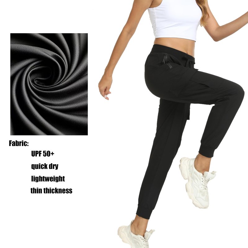 Women's Joggers with Pockets Lightweight - Water Resistant Quick Dry Cargo Athletic Pants for Hiking Running Camping Travel (Black, Medium)