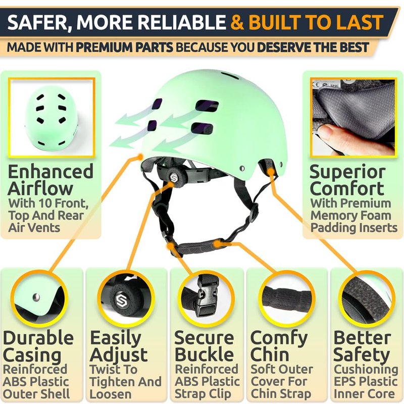 SKITCH Skateboard Helmet for Kids Teens with Premium Memory Foam Padding | Triple Certified Adjustable Protective Sport Head Gear Scooter Roller Skate Inline Skating Rollerblading | Mint Green (S)