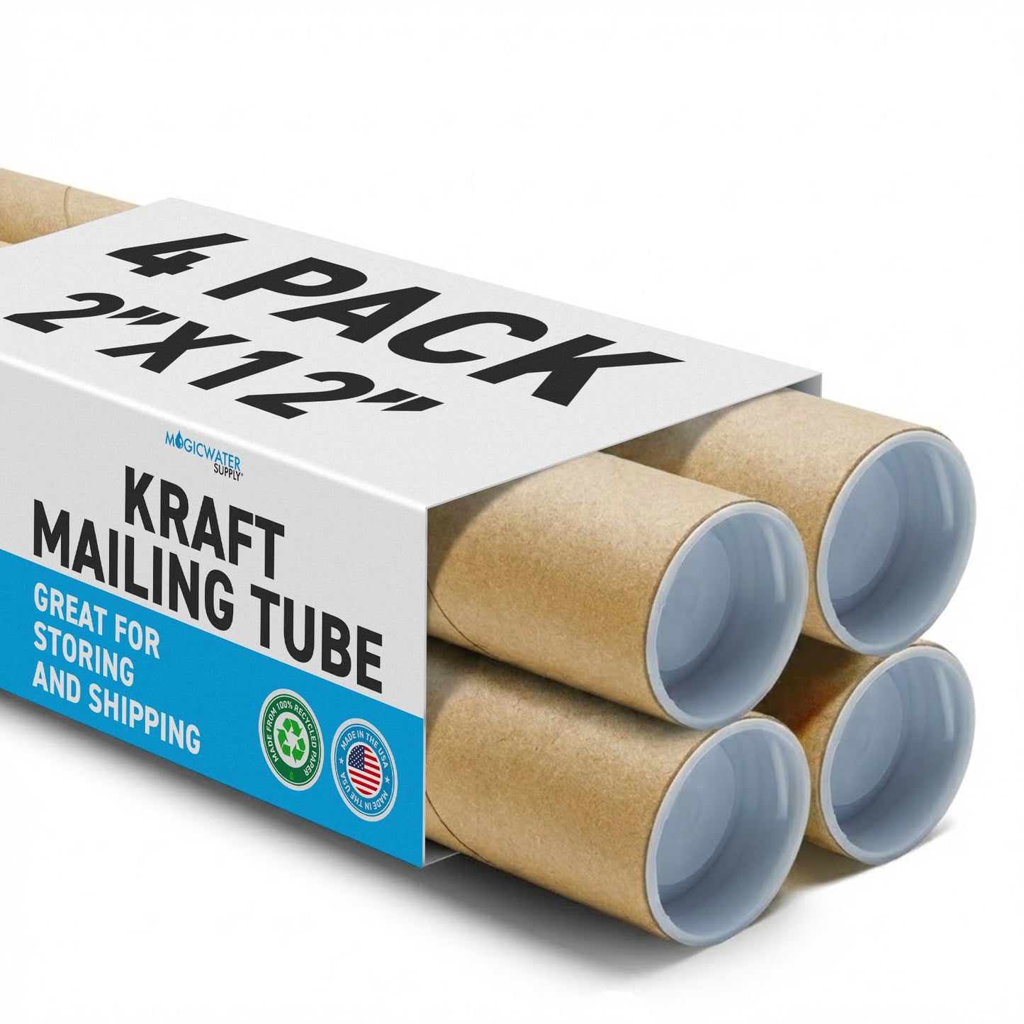 MagicWater Supply Mailing Tube - 2 in x 12 in - Kraft - 4 Pack - for Shipping and Storage of Posters, Arts, Crafts, and Documents