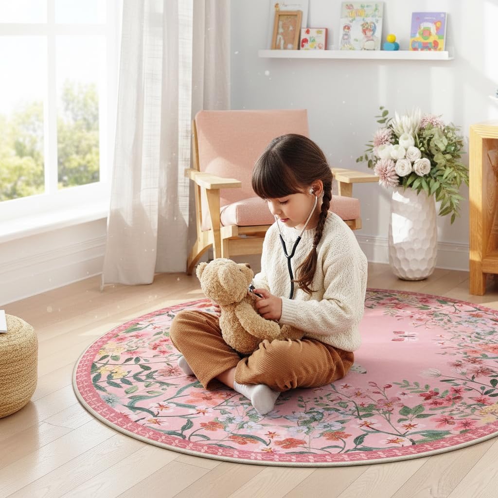 Wonnitar 5ft Round Washable Area Rug, Pink Floral Nursery Rug, Low Pile Soft Circle Rug for Kids Playroom, Boho Flower Accent Carpet, Girls Room Vanity Decor (5ft Round Pink)