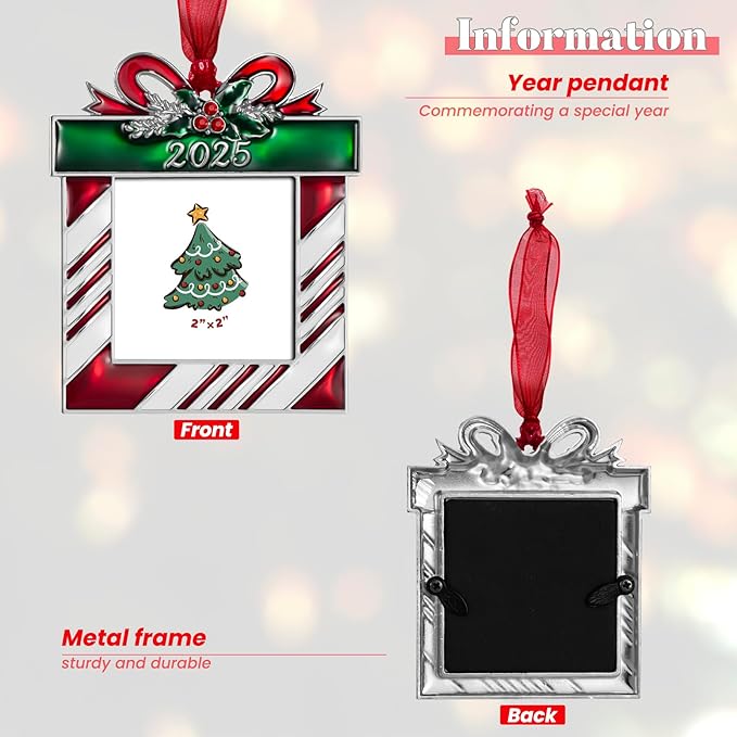2025 Christmas Tree Ornaments Picture Frame Ornament- Made of Zinc Alloy Glitter Powder Pendant 2.5 Inch Picture Frame for Pet and Baby Holiday Keepsake Gift(Gift Bag,2025)