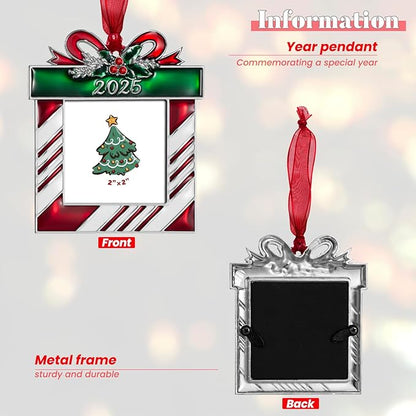 2025 Christmas Tree Ornaments Picture Frame Ornament- Made of Zinc Alloy Glitter Powder Pendant 2.5 Inch Picture Frame for Pet and Baby Holiday Keepsake Gift(Gift Bag,2025)