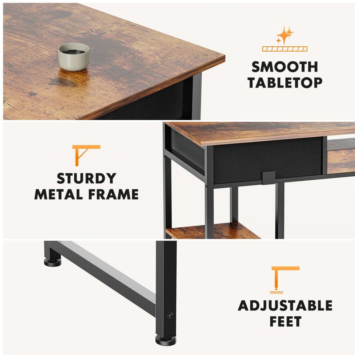 UOCFYK 47 Inch Computer Desk with 2 Drawers, Home Office Desk with Wooden Shelves, Study Writing PC Table for Small Spaces, Bedroom, Dorm or Living Room, Rust