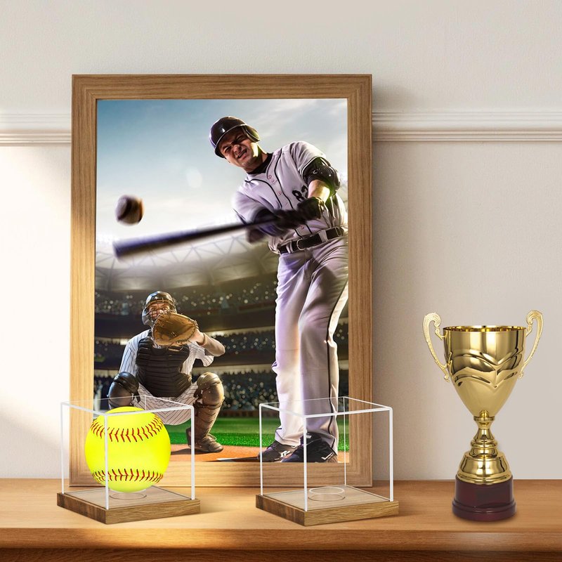2 Pack Clear Acrylic Softball Display Case with Wood Base, Memorabilia Stand Cube Holder, Dust Protection Transparent Storage Box for Single Ball Souvenir Softball Collections