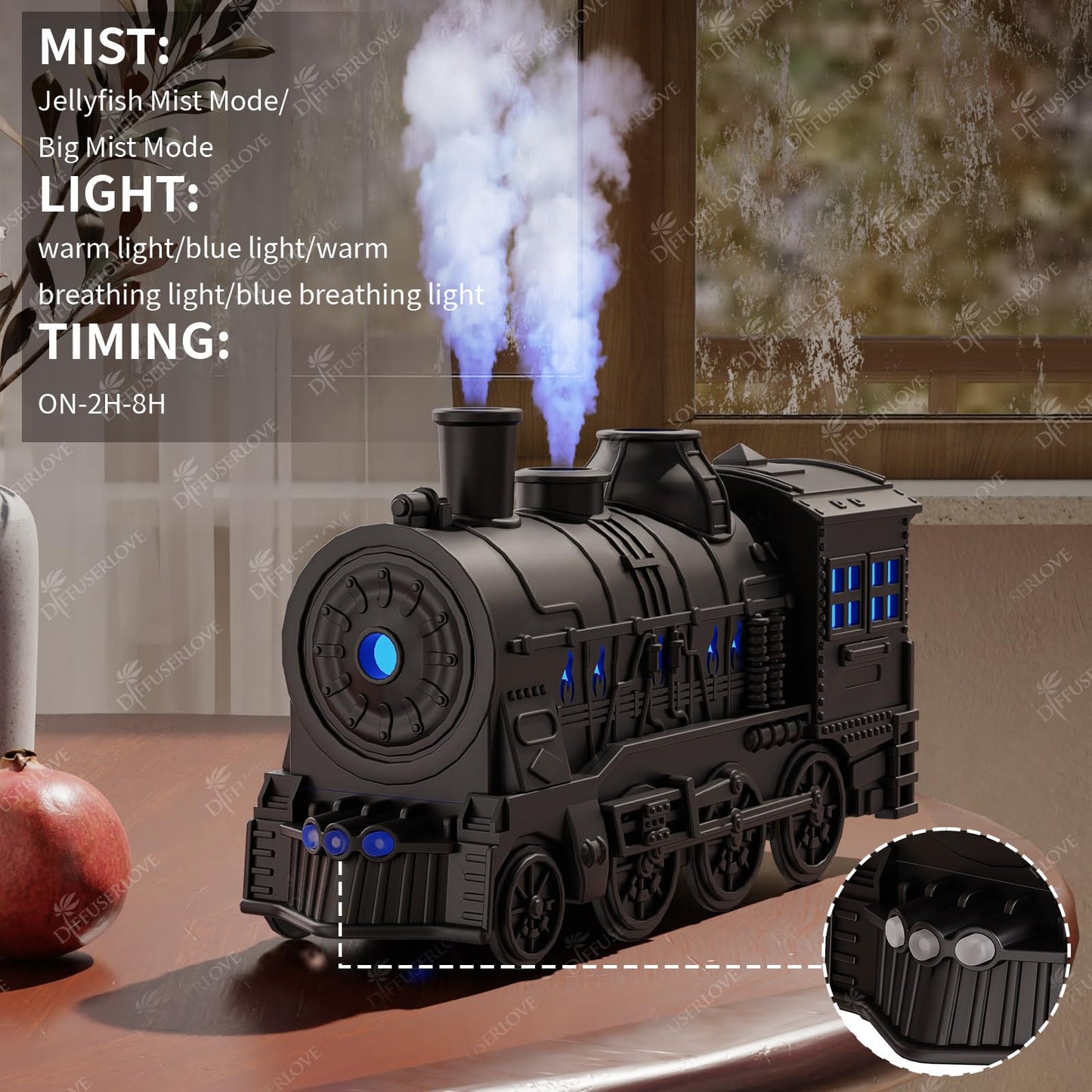 Diffuserlove Train Diffuser 300ML Essential Oil Diffuser Cool Mist Humidifier Aroma Diffuser with Night Light for Bedroom Desk Black