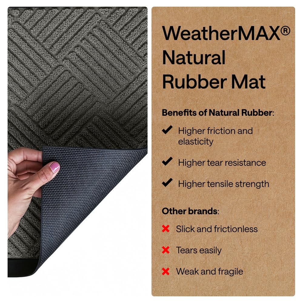 GORILLA GRIP 100% Waterproof All-Season WeatherMAX Doormat US Designed Natural Rubber, Stain Fade Resistant, Low Profile Indoor Outdoor Door Mats, Easy Clean, 29x17 Gray Diamond