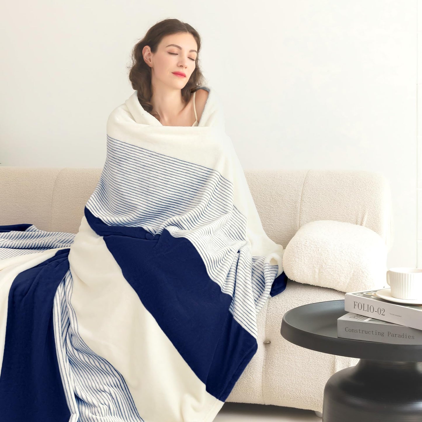 Homelike Moment Fleece Throw Blanket for Couch, Blue Soft Fluffy Blankets Throws, Fuzzy Cozy Plush Flannel Blanket for Sofa, Comfy Warm Lightweight Bed Blanket Striped (Navy Blue, 50x60IN)