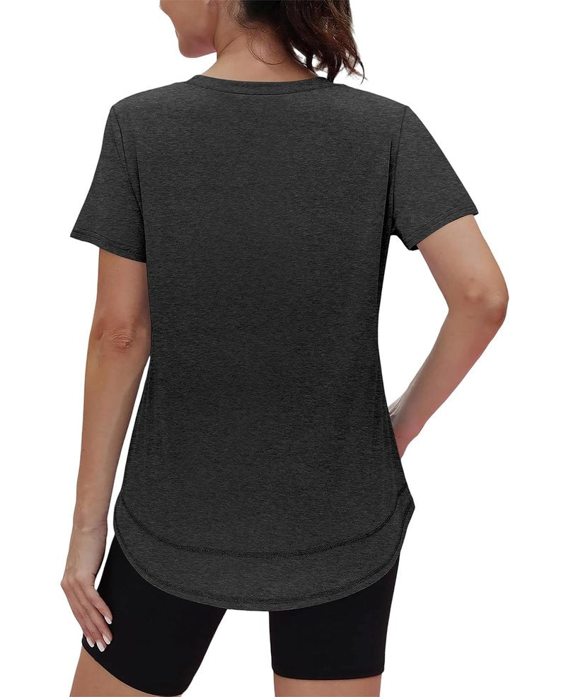 Short Sleeve Shirts for Women Workout Pilates Outfits Tennis Summer Tops 2026 Beach Vacation Clothes V Neck Black M