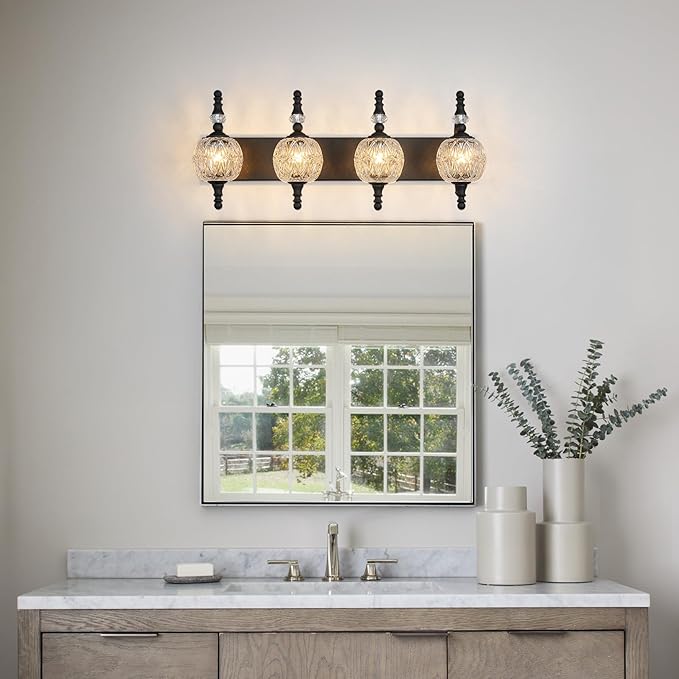 Modern Crystal Bathroom Vanity Lights Fixtures Over Mirror Black Vintage 4-Lights 28 Inch Bathroom Light Fixtures Glass Crystal Vanity Lights