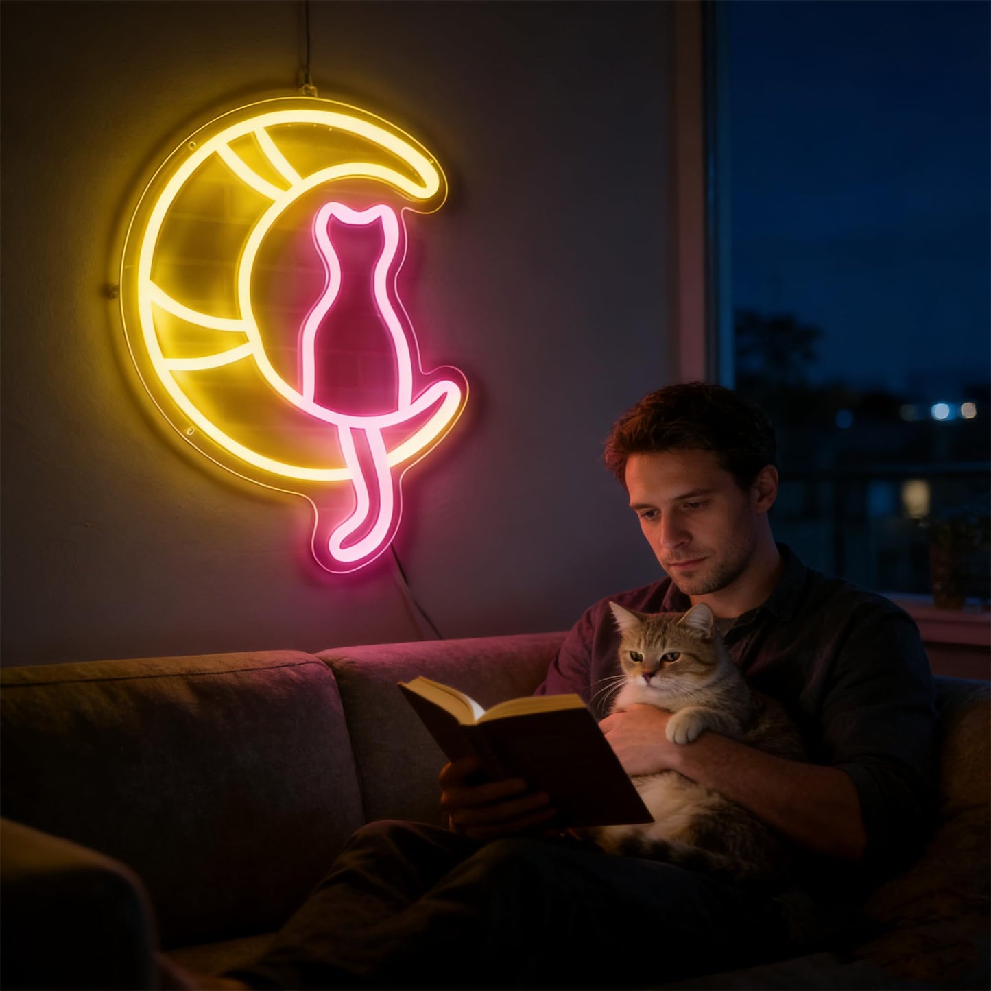 HFHungkeong Cute Kwaii Cat Neon Signs Acrylic LED Anime Moon Cats Neon Sign with Dimmable Switch and 1Pc Hanging Chain for Bedroom Living Room Children Girls Gift Bar Home Party Birthday