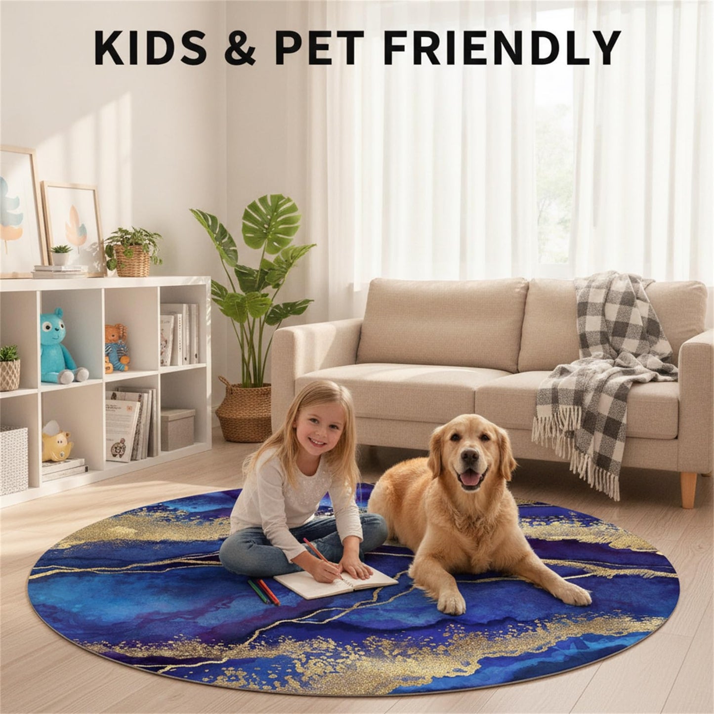 Royal Blue Gold Modern Abstract Marble Pattern Round Area Rugs for Living Room Bedroom Art Deco Circular Rug Soft Wool Washable Non Shedding Home Office Conference Room Large Floor Carpet 6ft