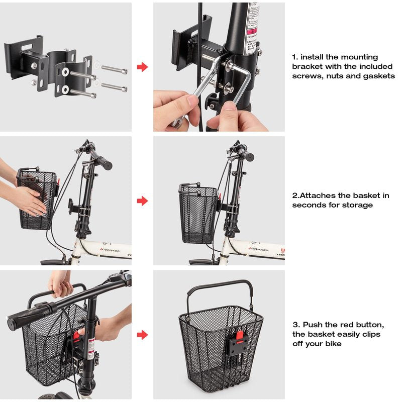 CXWXC Scooter Basket with Handle- Quick Release Front Bike Basket for E-Scooters - Bicycle Baskets with Fixed Bracket Fits Folding Bikes, Kick and Knee Scooters