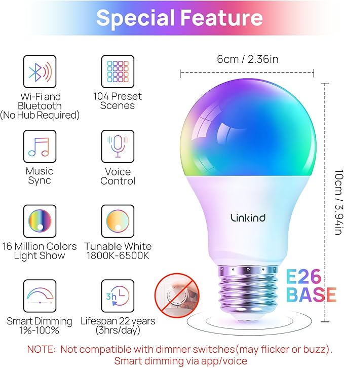 Linkind WiFi Smart Light Bulbs, Alexa Light Bulb Work with Alexa, Google Home, RGBTW 16 Million Color Changing Light Bulbs Dimmable, Mood Lighting, 2.4GHz Only, A19 E26 WiFi Bulb 60W 800LM 8 Pack