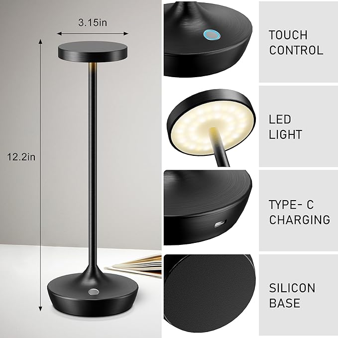 Cordless Table Lamp Rechargeable - 6000mAh LED Battery Operated Table Light - Portable Touch Dimmable Outdoor Waterproof Table Lamps for Patio Restaurant Dining (Black)
